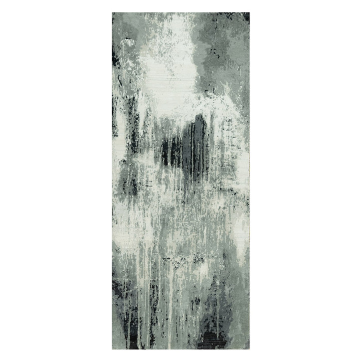 Modern and Contemporary Wool & Silk Hand Knotted Rug Black No Border 4.0X10.0 -O090547