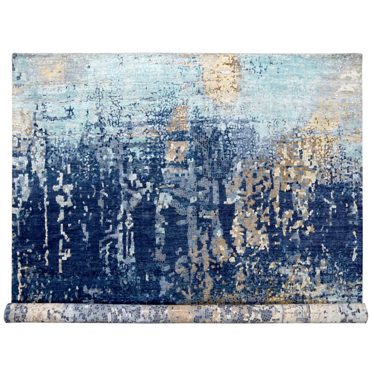 Modern and Contemporary Wool & Silk Hand Knotted Rug Blue No Border 12.0X11.9 -O084727