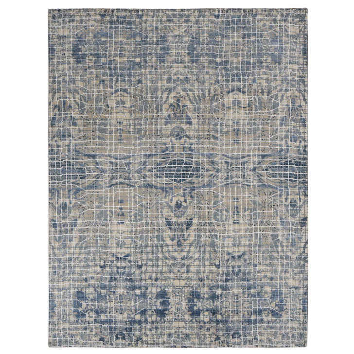 Modern and Contemporary Wool & Silk Hand Knotted Rug Blue No Border 9.1X12.2 -O087122