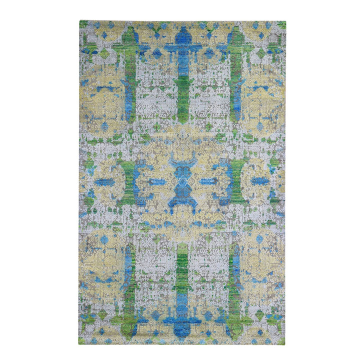 Modern and Contemporary Wool & Silk Hand Knotted Rug Green No Border 6.0X9.4 -O066452