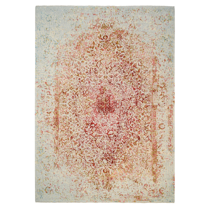 Modern and Contemporary Wool & Silk Hand Knotted Rug Ivory No Border 10.0X14.0 -O063271