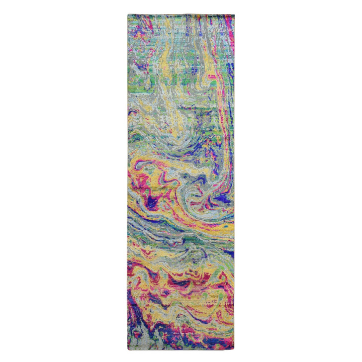 Modern and Contemporary Wool & Silk Hand Knotted Rug Multicolored No Border 3.0X9.2 -O087654