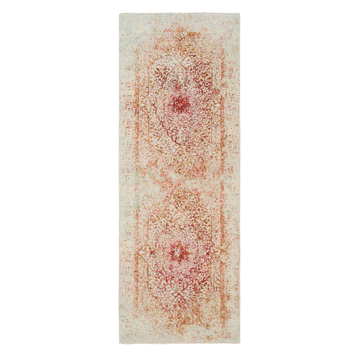 Modern and Contemporary Wool & Silk Hand Knotted Rug Pink No Border 4.0X11.9 -O063466