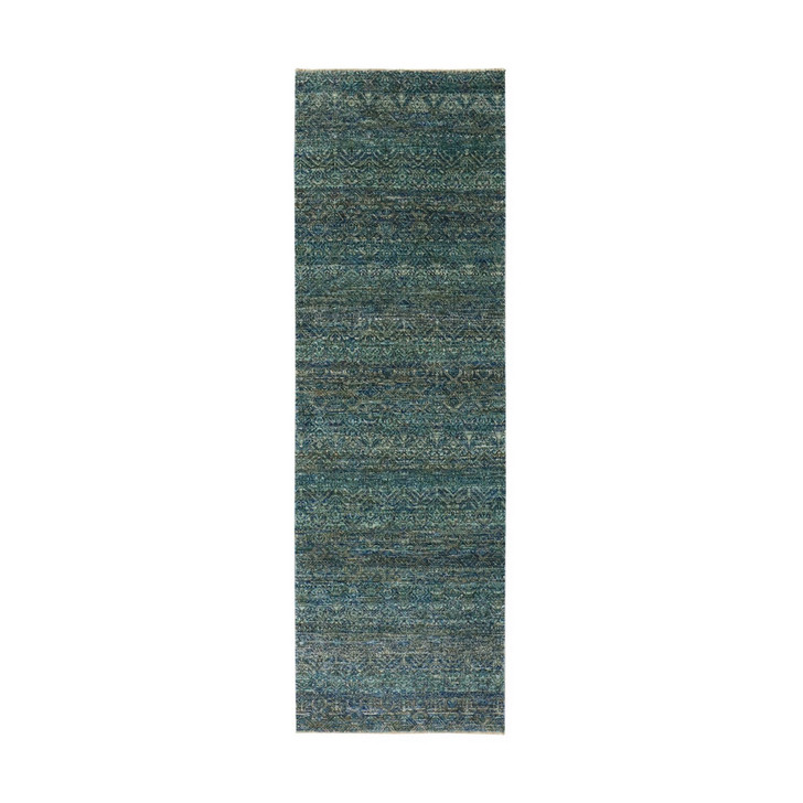 Modern and Contemporary Wool Hand Knotted Rug Green No Border 2.6X8.0 -O079669