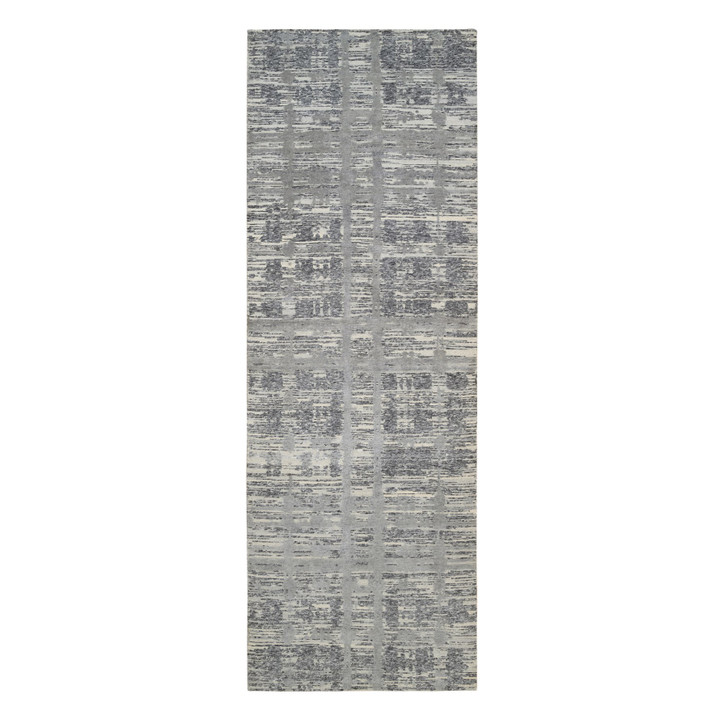 Modern and Contemporary Wool Hand Knotted Rug Grey No Border 4.1X12.0 -O064156