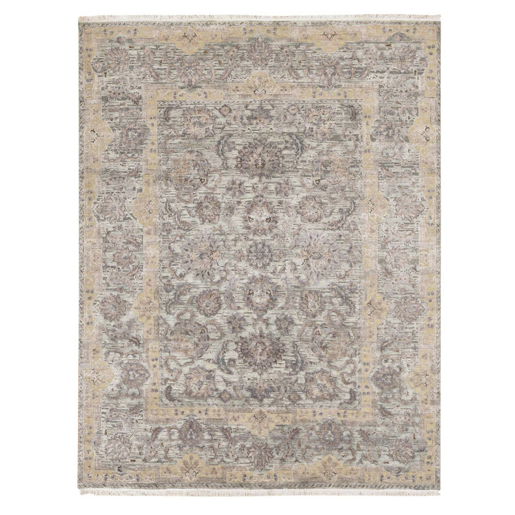 Oushak And Peshawar Wool & Pure Silk Hand Knotted Rug Green Sea Form 7.10X10.0 -O080739