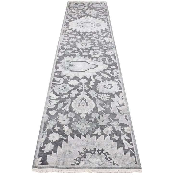 Oushak And Peshawar Wool & Silk Hand Knotted Rug Grey No Border 2.6X11.10 -O087307