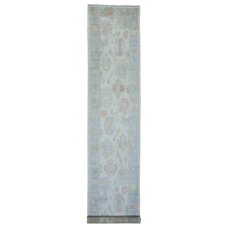 Oushak And Peshawar Wool Hand Knotted Rug Beige Light Blue 2.10X16.0 -O073854