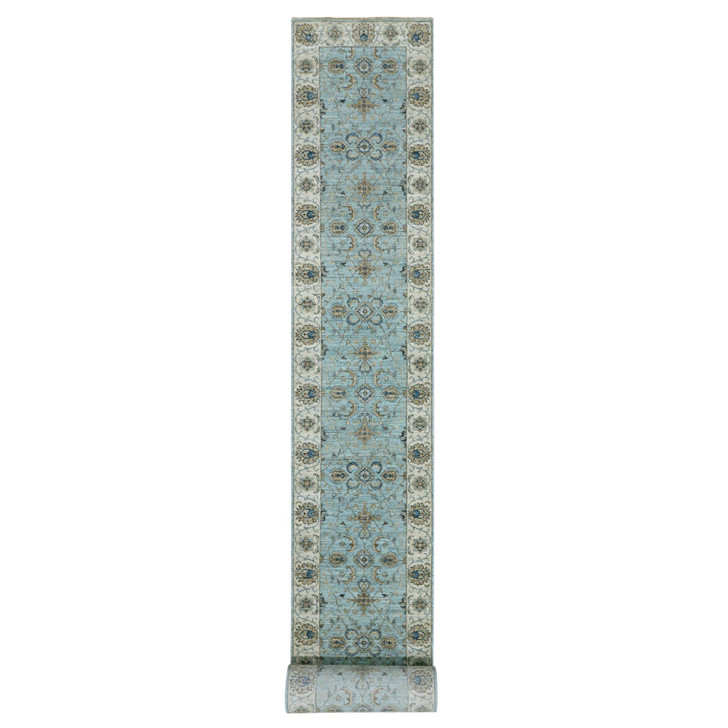 Oushak And Peshawar Wool Hand Knotted Rug Blue Beige 2.9X24.3 -O076038