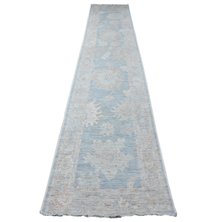 Oushak And Peshawar Wool Hand Knotted Rug Blue Gray 2.10X15.5 -O089007