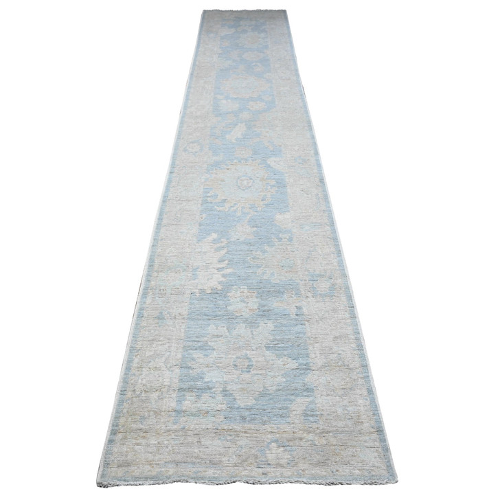 Oushak And Peshawar Wool Hand Knotted Rug Blue Gray 2.9X15.4 -O089681