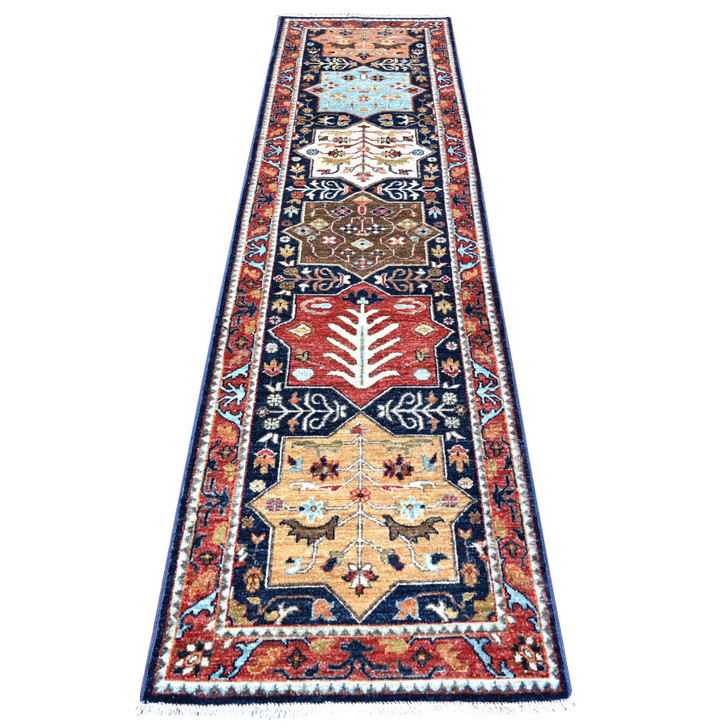 Oushak And Peshawar Wool Hand Knotted Rug Blue Harvard Crimson Red 2.7X9.8 -O088408