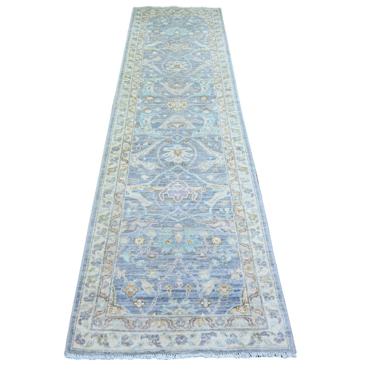 Oushak And Peshawar Wool Hand Knotted Rug Blue Ivory 2.7X9.6 -O074135