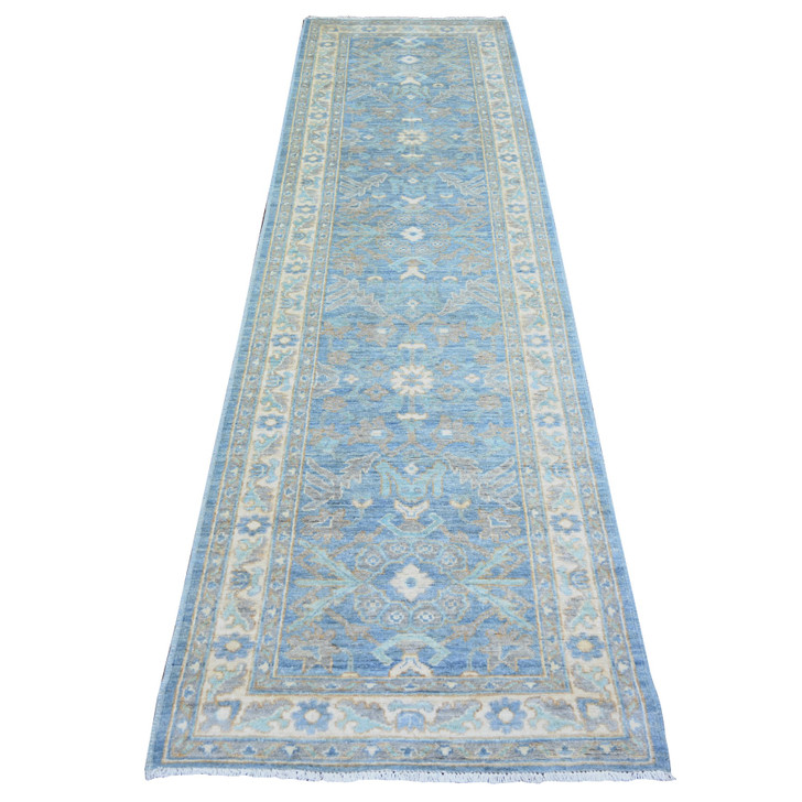 Oushak And Peshawar Wool Hand Knotted Rug Blue Ivory 2.8X9.6 -O073963
