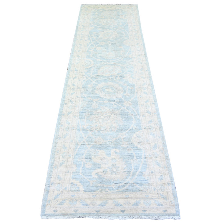Oushak And Peshawar Wool Hand Knotted Rug Blue Ivory 2.8X9.9 -O074470