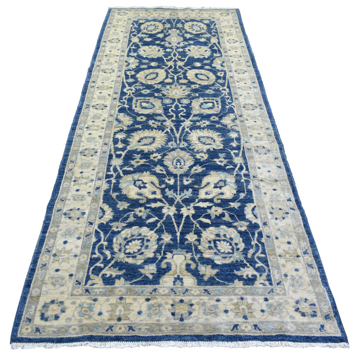 Oushak And Peshawar Wool Hand Knotted Rug Blue Ivory 4.0X10.3 -O071950