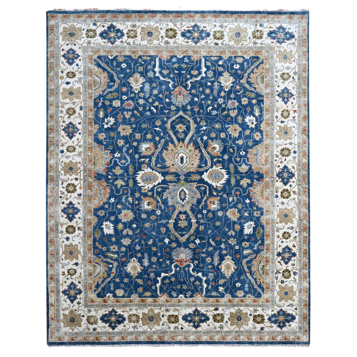Oushak And Peshawar Wool Hand Knotted Rug Blue Ivory 9.0X11.10 -O084956