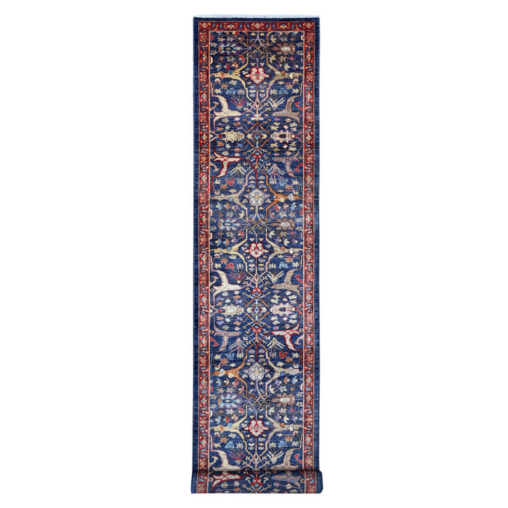 Oushak And Peshawar Wool Hand Knotted Rug Blue Red 3.2X19.5 -O089077