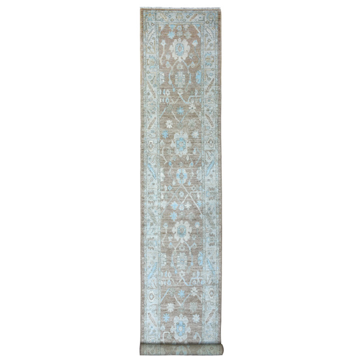 Oushak And Peshawar Wool Hand Knotted Rug Brown Light Blue 2.10X17.1 -O071880