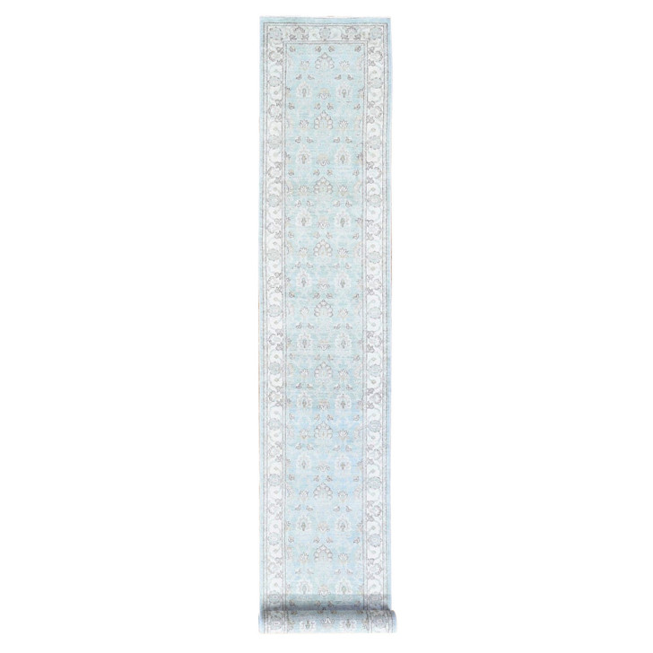 Oushak And Peshawar Wool Hand Knotted Rug Green Ivory 2.7X15.10 -O080254