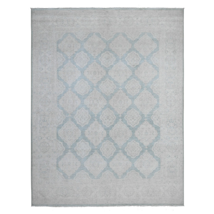 Oushak And Peshawar Wool Hand Knotted Rug Green Ivory 8.0X10.4 -O089541