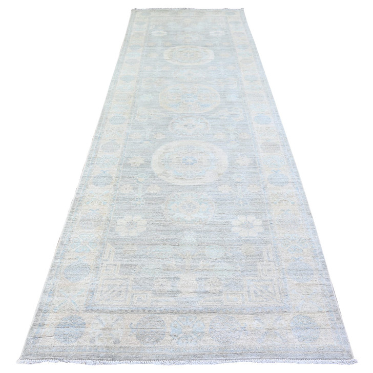 Oushak And Peshawar Wool Hand Knotted Rug Grey Anti-Flash White 4.0X12.2 -O074953