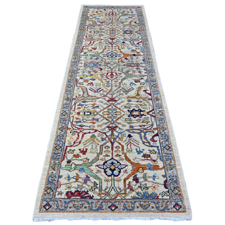 Oushak And Peshawar Wool Hand Knotted Rug Grey Ivory 3.1X9.10 -O088263