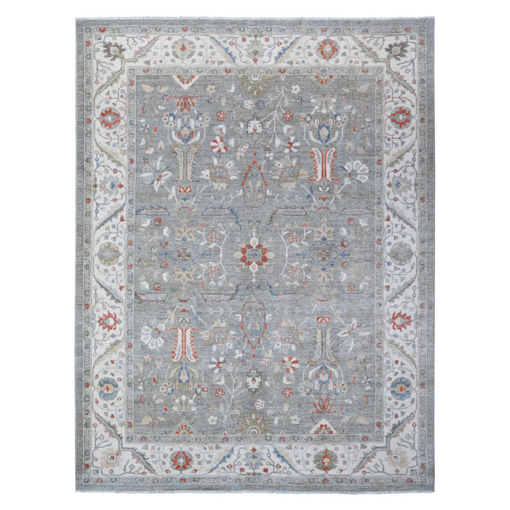 Oushak And Peshawar Wool Hand Knotted Rug Grey Ivory 9.2X11.10 -O088643