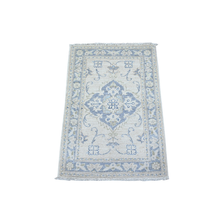 Oushak And Peshawar Wool Hand Knotted Rug Ivory Blue 1.10X3.0 -O088424