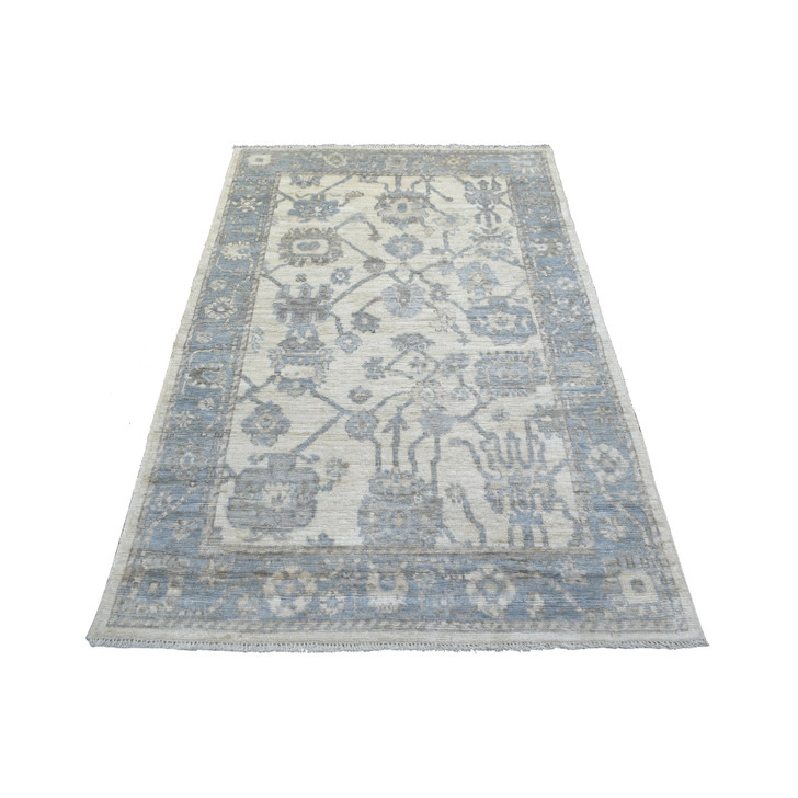Oushak And Peshawar Wool Hand Knotted Rug Ivory Blue 4.1X6.1 -O071875