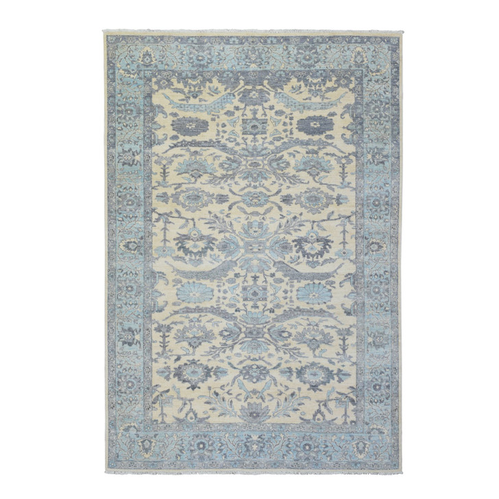 Oushak And Peshawar Wool Hand Knotted Rug Ivory Blue 6.1X9.0 -O072536