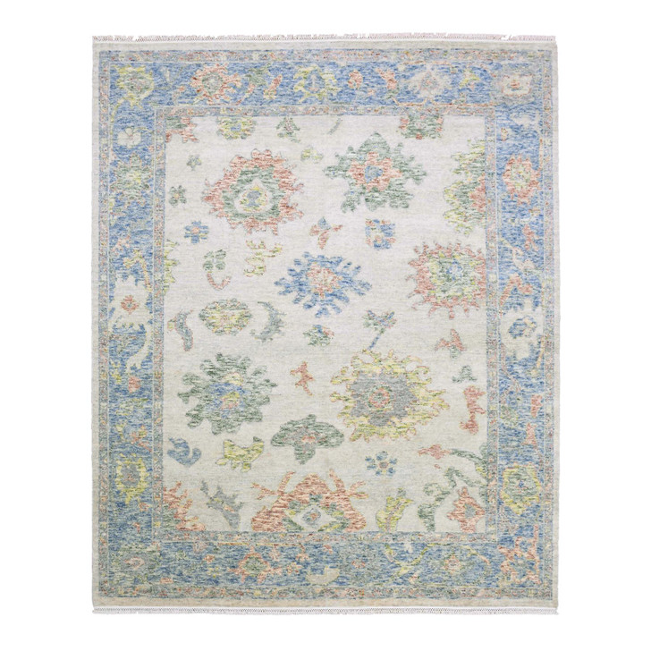 Oushak And Peshawar Wool Hand Knotted Rug Ivory Blue 8.0X9.9 -O075188