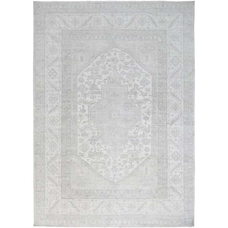 Oushak And Peshawar Wool Hand Knotted Rug Ivory Gray 9.11X13.7 -O086511