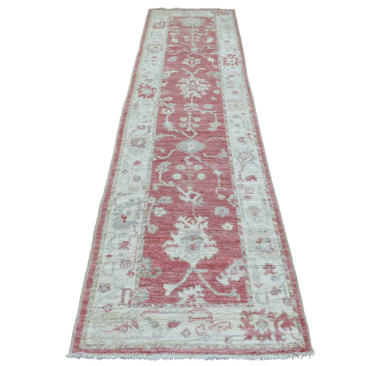Oushak And Peshawar Wool Hand Knotted Rug Red Ivory 2.9X11.6 -O069854
