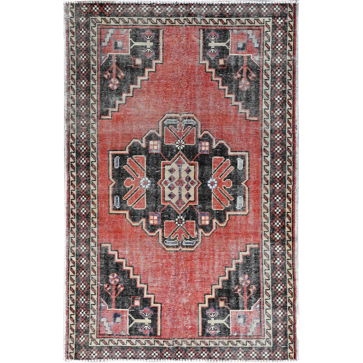 Overdyed & Vintage Wool Hand Knotted Rug Red Ivory 3.10X5.11 -O086055