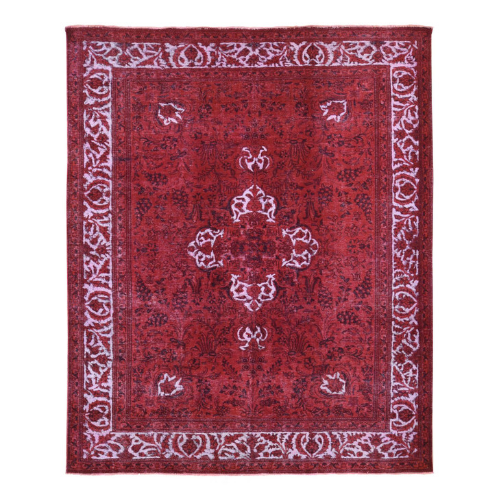Overdyed & Vintage Wool Hand Knotted Rug Red Ivory 8.7X10.8 -O080695