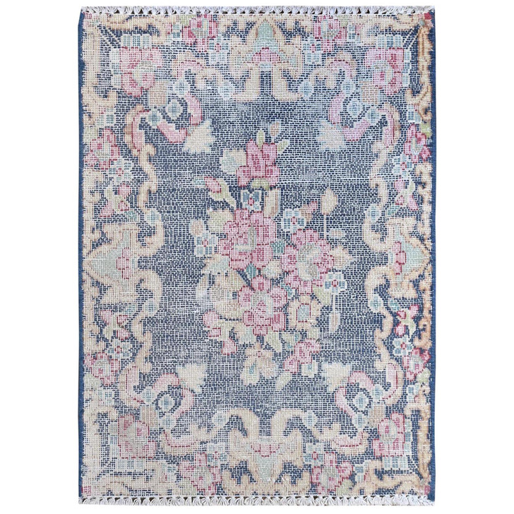 Overdyed & Vintage Worn Wool Hand Knotted Rug Blue No Border 1.6X2.1 -O081954