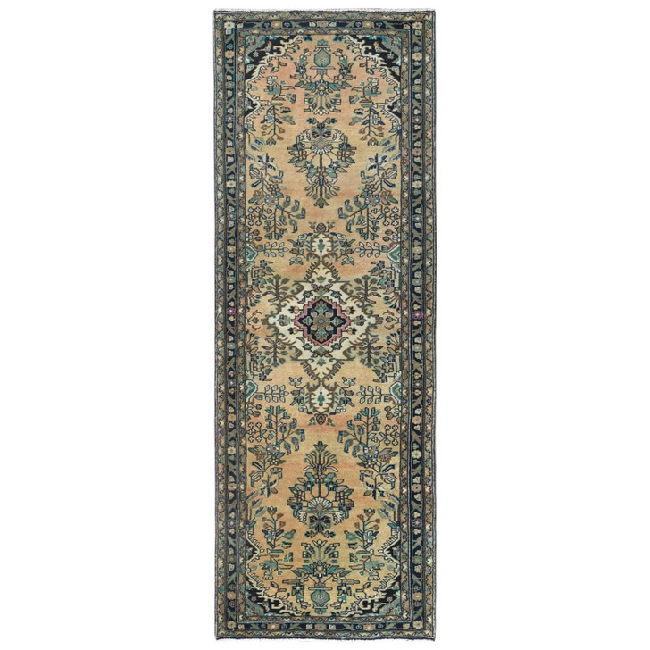 Overdyed & Vintage Worn Wool Hand Knotted Rug Brown Black 3.5X10.1 -O061944