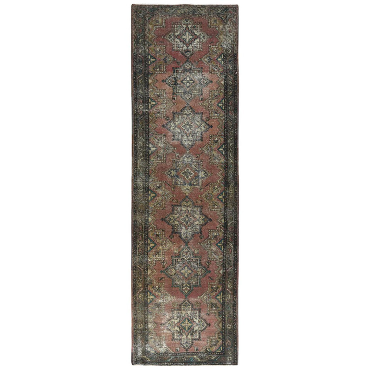 Overdyed & Vintage Worn Wool Hand Knotted Rug Brown Brown 3.9X12.8 -O081047