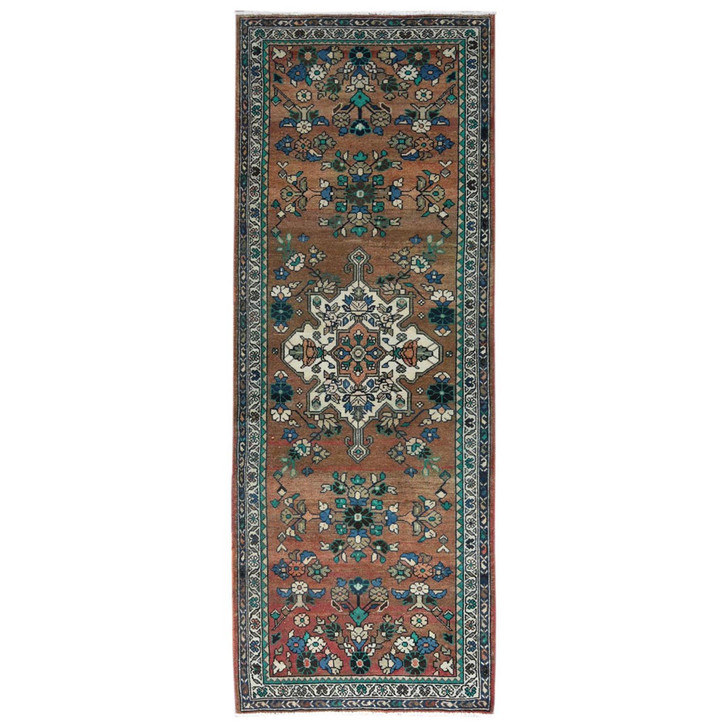 Overdyed & Vintage Worn Wool Hand Knotted Rug Brown Ivory 3.7X9.9 -O081061