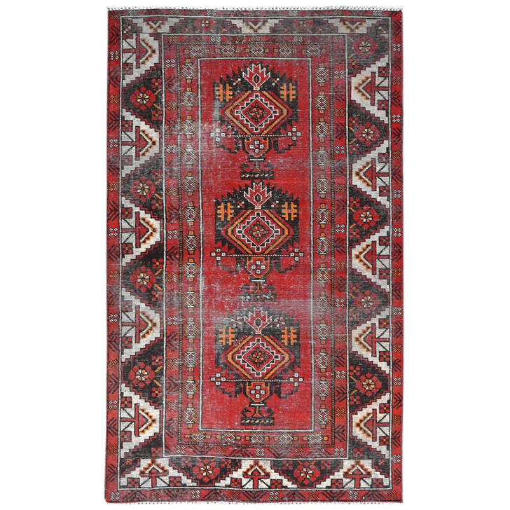 Overdyed & Vintage Worn Wool Hand Knotted Rug Red Red 3.9X6.4 -O081210