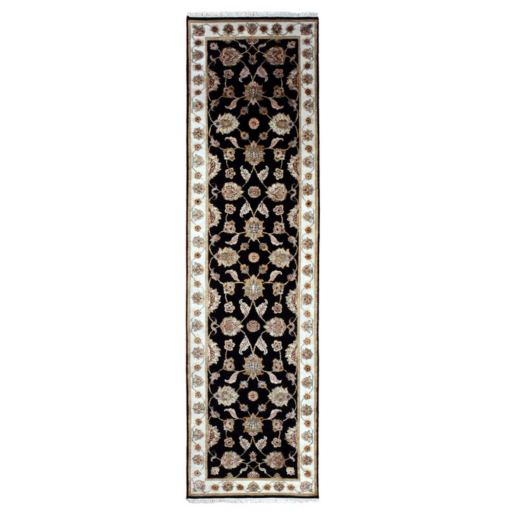 Rajasthan Wool & Silk Hand Knotted Rug Black Ivory 2.7X9.10 -O075388