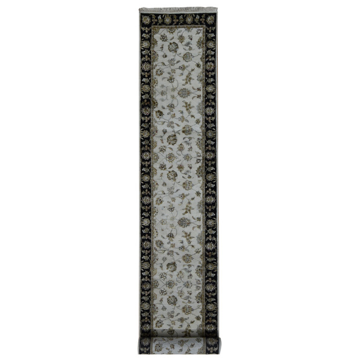 Rajasthan Wool & Silk Hand Knotted Rug Ivory Black 2.7X16.0 -O087633