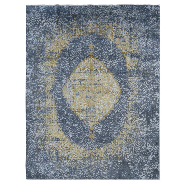 Transitional Wool & Pure Silk Hand Knotted Rug Grey No Border 9.0X11.10 -O087089
