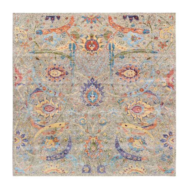 Transitional Wool & Silk Hand Knotted Rug Beige No Border 8.0X8.0 -O063683