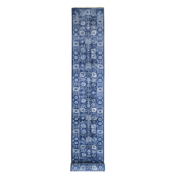 Transitional Wool & Silk Hand Knotted Rug Blue Denim Blue 2.6X23.10 -O063605