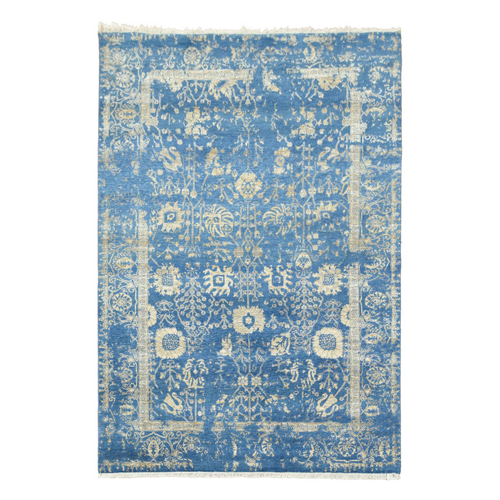 Transitional Wool & Silk Hand Knotted Rug Blue Denim Blue 6.0X9.2 -O079269