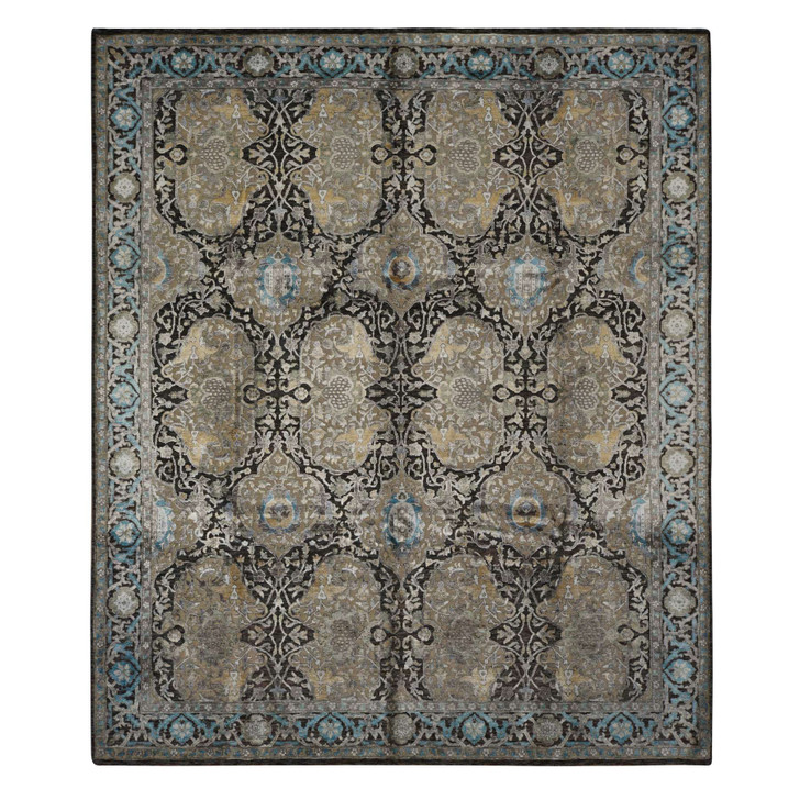 Transitional Wool & Silk Hand Knotted Rug Brown Blue 8.3X9.9 -O078140