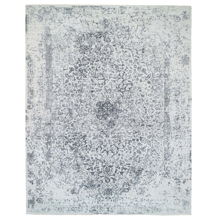 Transitional Wool & Silk Hand Knotted Rug Grey Gray 12.1X15.1 -O064054