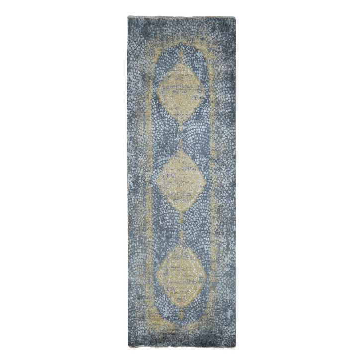 Transitional Wool & Silk Hand Knotted Rug Grey Gray 3.2X9.10 -O087690
